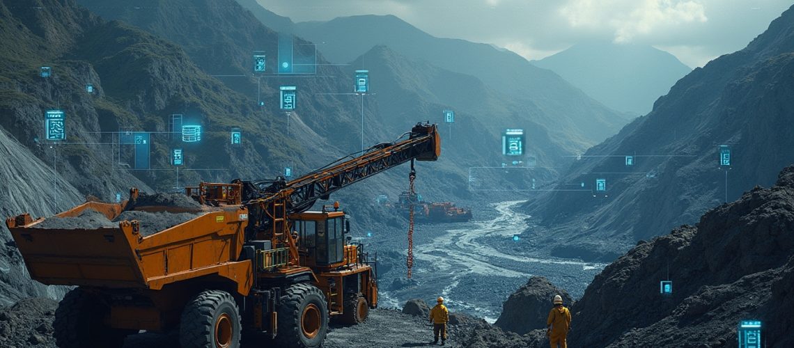 Construction site in a mountainous area with digital data overlays and heavy machinery.