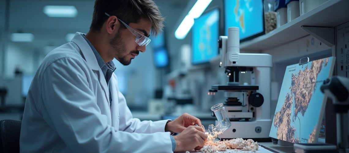 Scientist in a lab examining samples with a microscope, wearing a lab coat and safety glasses.