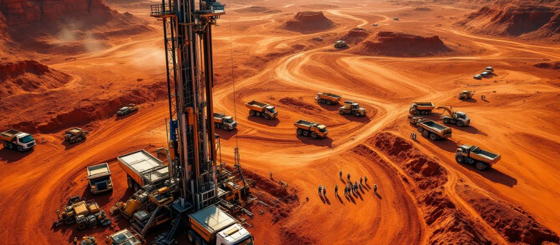 Coda Minerals Ltd-COD-Desert landscape with a large drilling rig surrounded by trucks and workers on red sandy terrain.