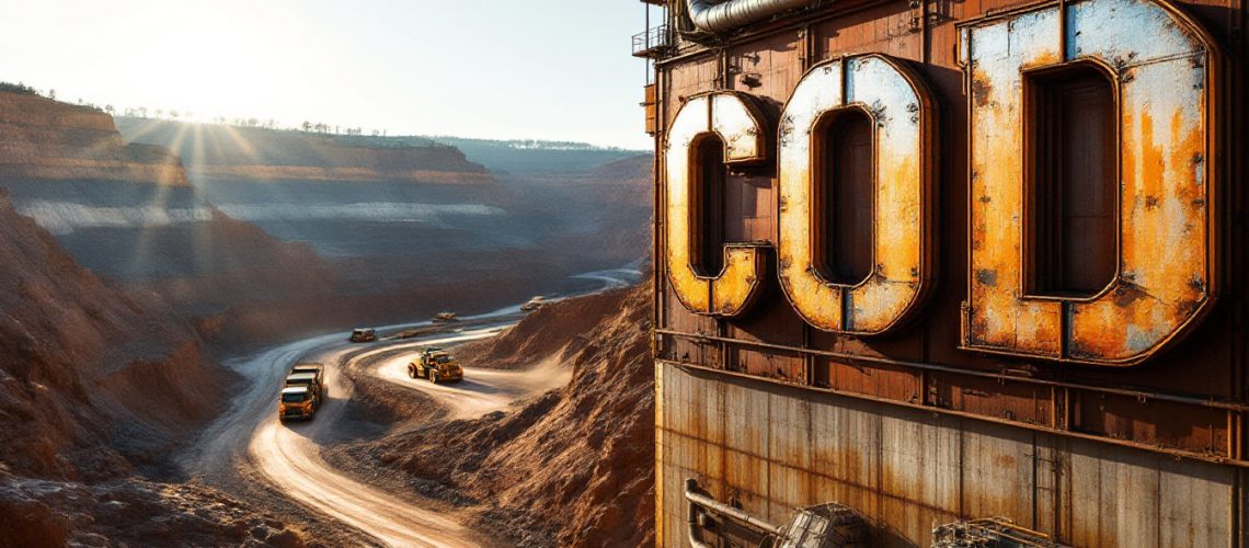 Coda Minerals Ltd-COD-Gigantic COD letters on an industrial structure overlook a quarry with trucks on a winding path.