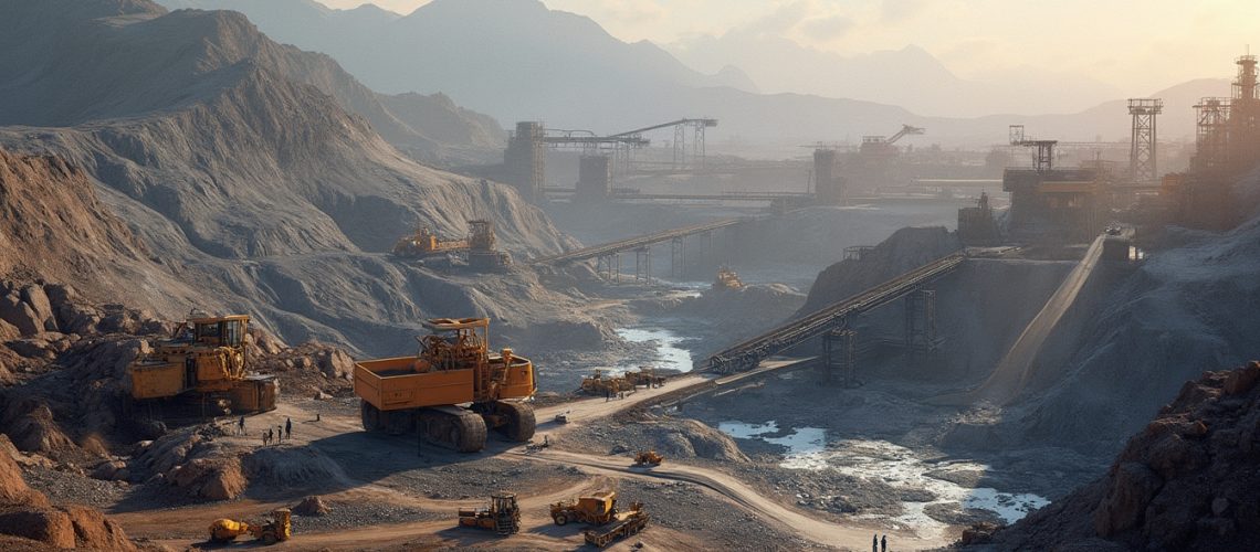 Mining site with large machinery, conveyor belts, and mountains in the background.