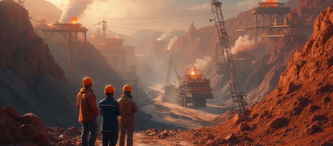 Three workers in hard hats observe a large, fiery industrial mining site in a rocky canyon.