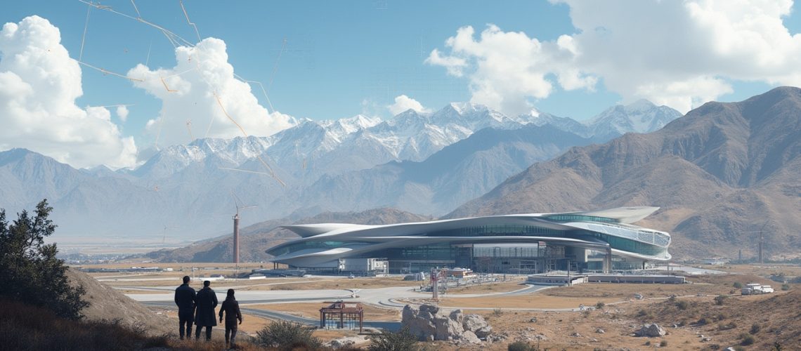 Futuristic building in a mountainous landscape with three people walking towards it.