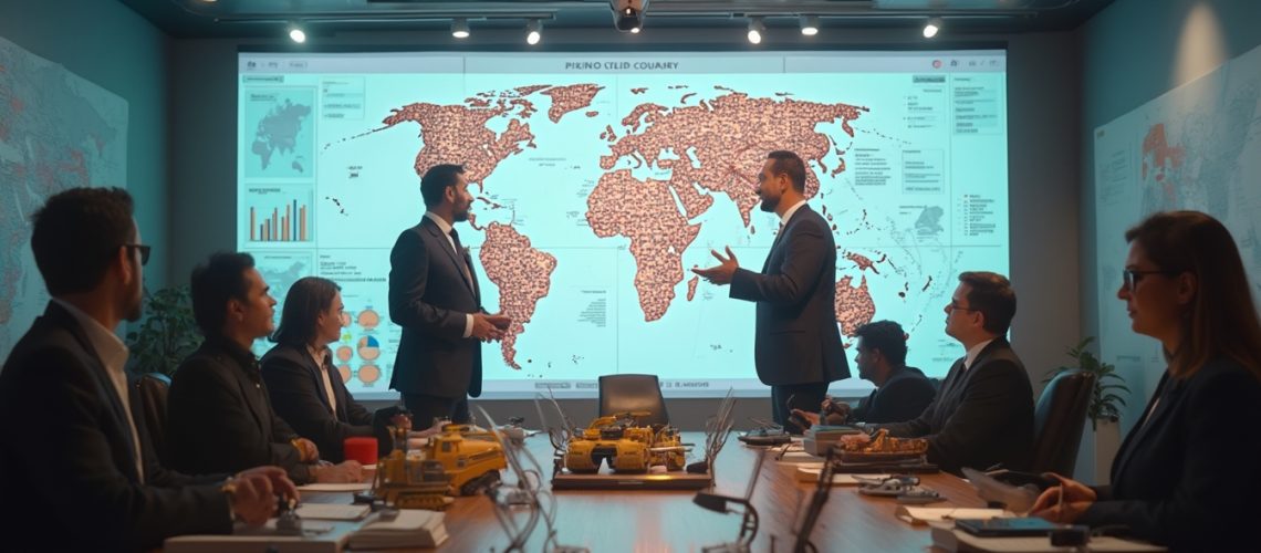 Business meeting with world map projection, two men standing, others seated, discussing data.