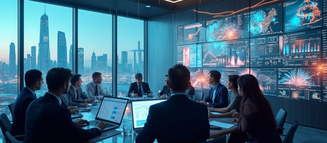 Business meeting in a modern office, data on large screens, city skyline visible through windows.