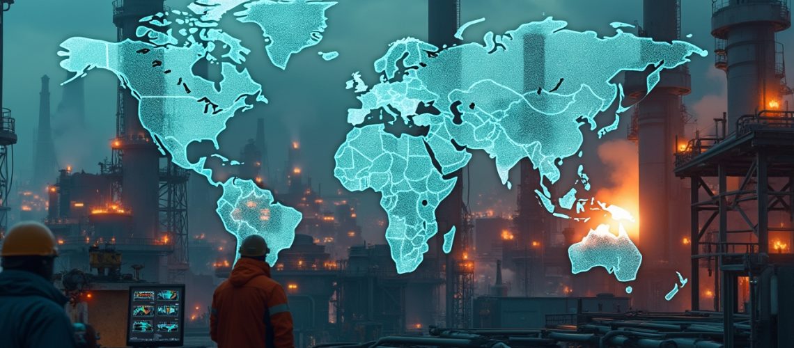 Glowing world map over industrial landscape with smokestacks and workers.