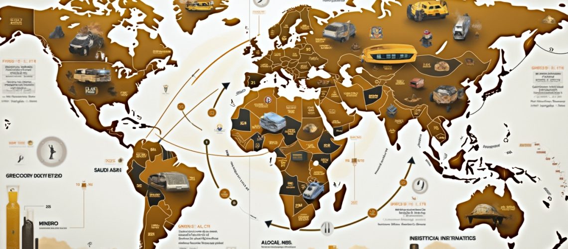 World map infographic with various vehicles, objects, and charts; text is mostly illegible.