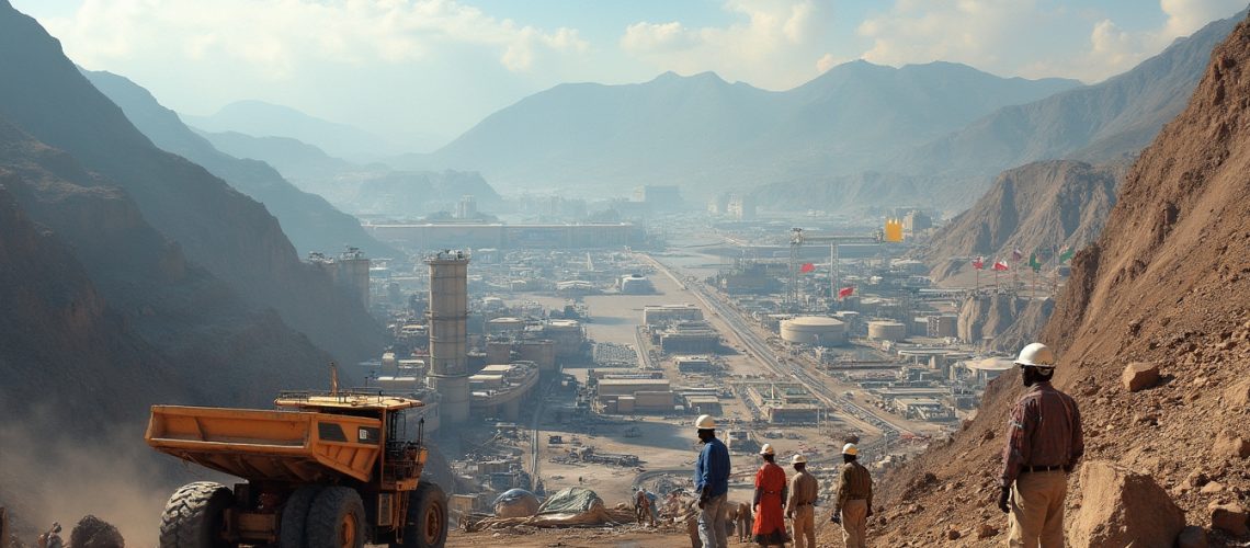 Workers in a mountainous construction site overlook a vast industrial complex with dump truck nearby.