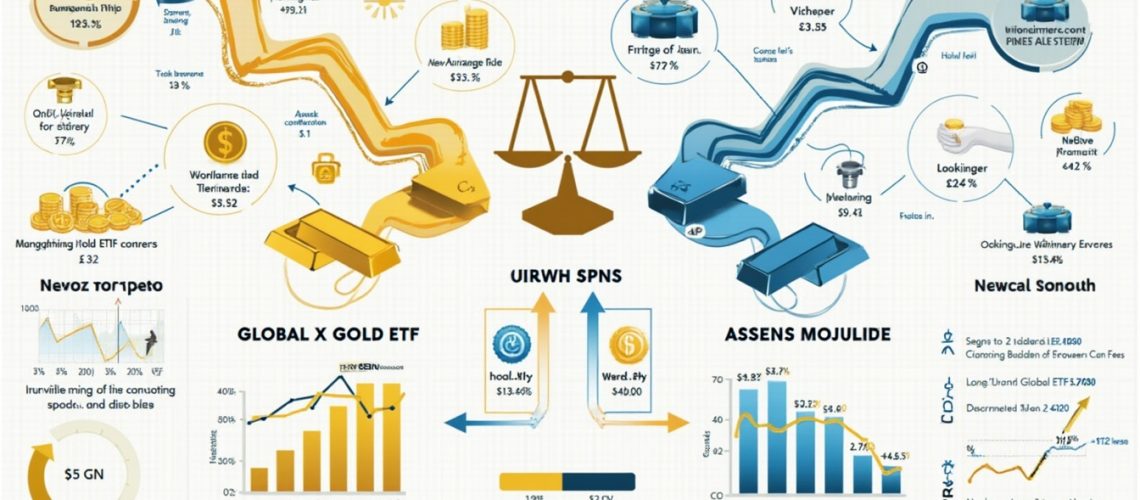 Infographic with various charts and figures about two types of ETFs: Global X Gold and Assens Mojulide.