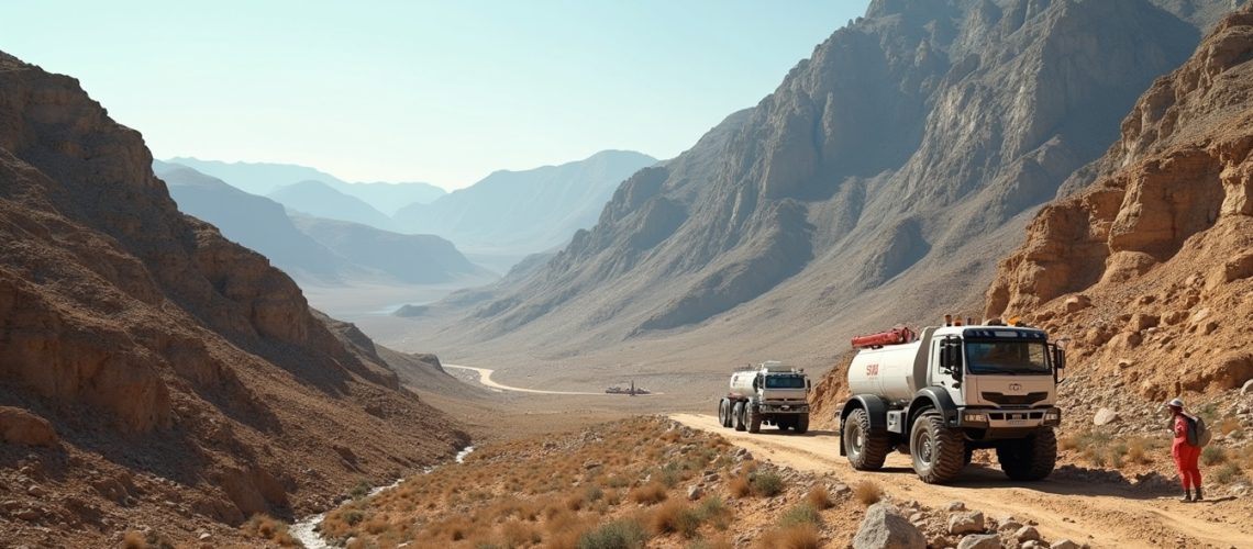 Two trucks navigate a rugged mountain road as a person in red walks beside them.