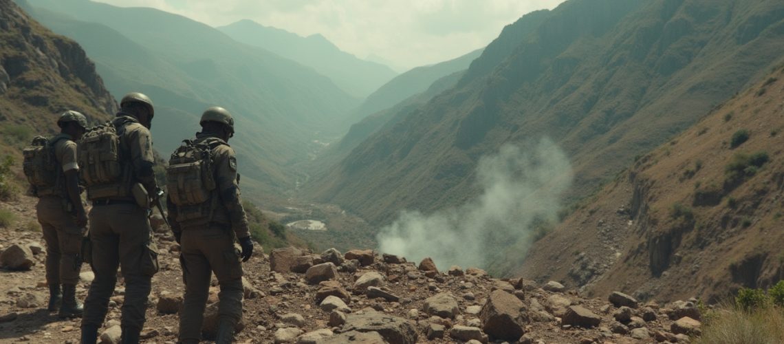 Three soldiers in gear overlooking a smoky valley and rugged mountain landscape.