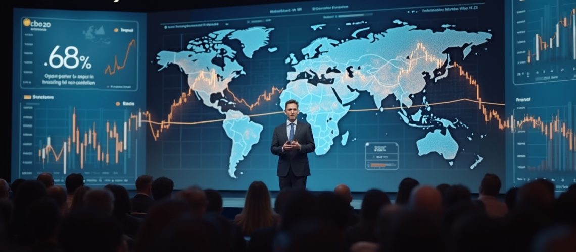 Person presenting on stage with world map and data graphs in the background. Audience watching.