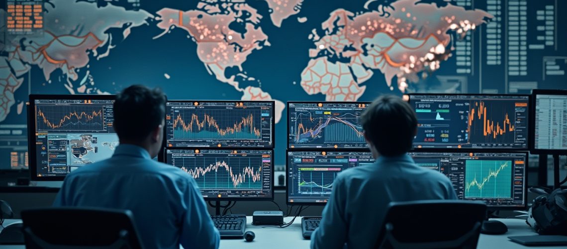 Two traders analyzing stock charts on multiple monitors in front of a large world map display.