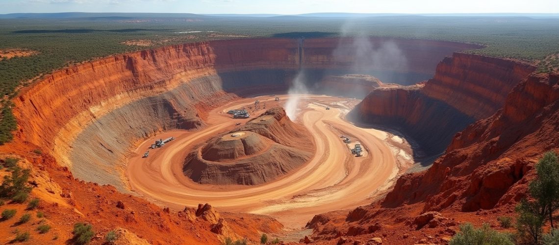 Vast open-pit mine with red earth tones, mining equipment, and a smoky center under a blue sky.