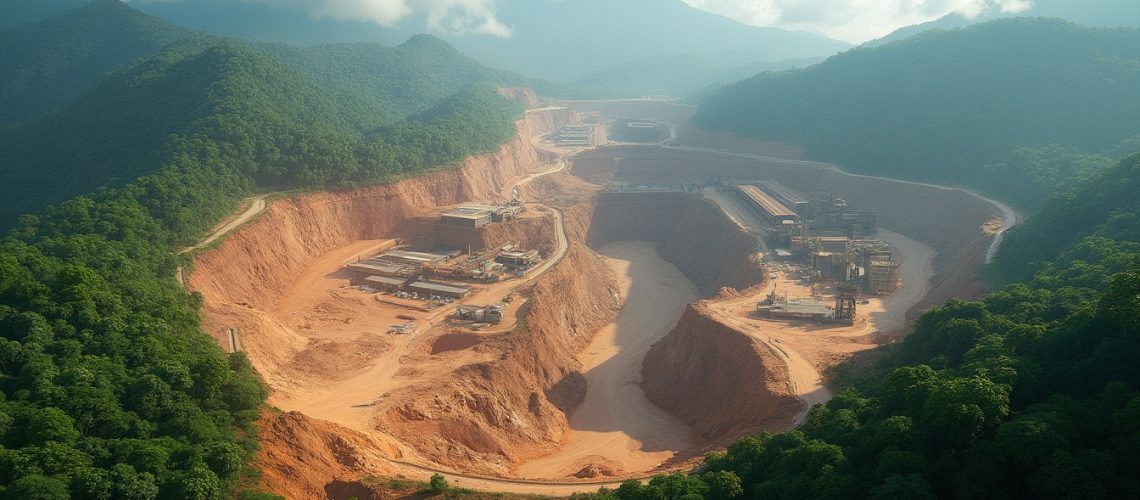 Expansive open-pit mine nestled between lush, green mountains under a cloudy sky.