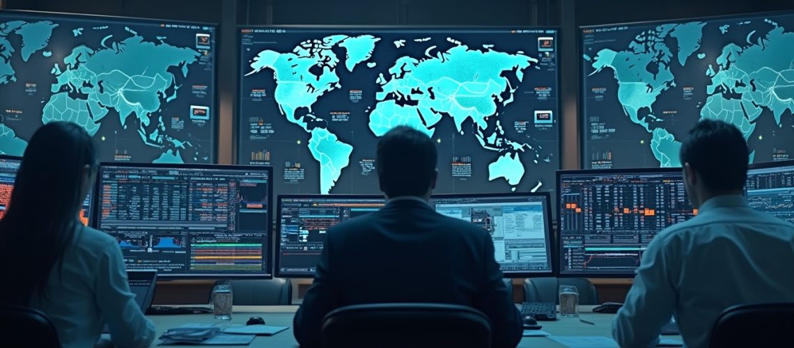 People at desks examine multiple screens with global data and maps in a control room.