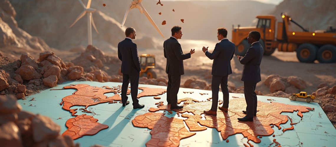 Four men in suits stand on a world map in a rocky, industrial setting with wind turbines.