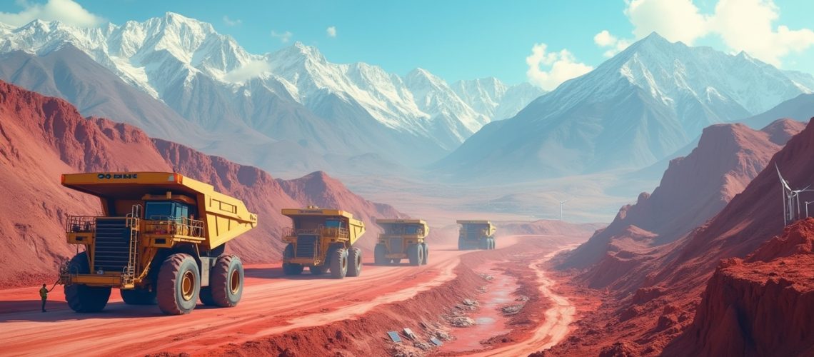 Mining trucks on a red dirt road with snowy mountains in the background.