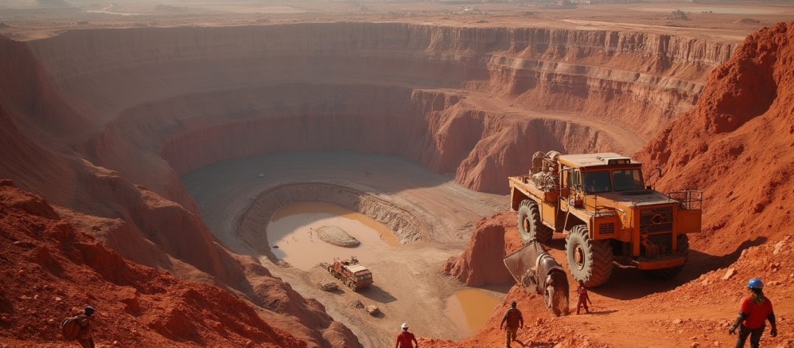 People observing a massive open-pit mine with a large construction vehicle in the foreground.