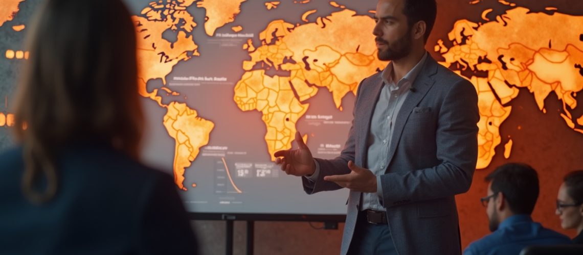 Man giving a presentation with a glowing world map in the background.