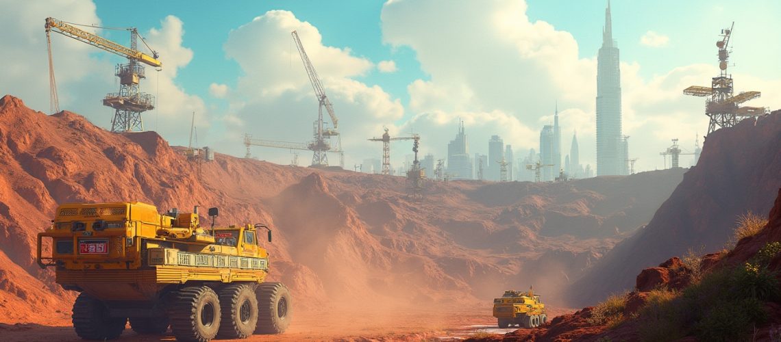 Massive yellow trucks and cranes operate in a dusty, red construction site with a city skyline behind.