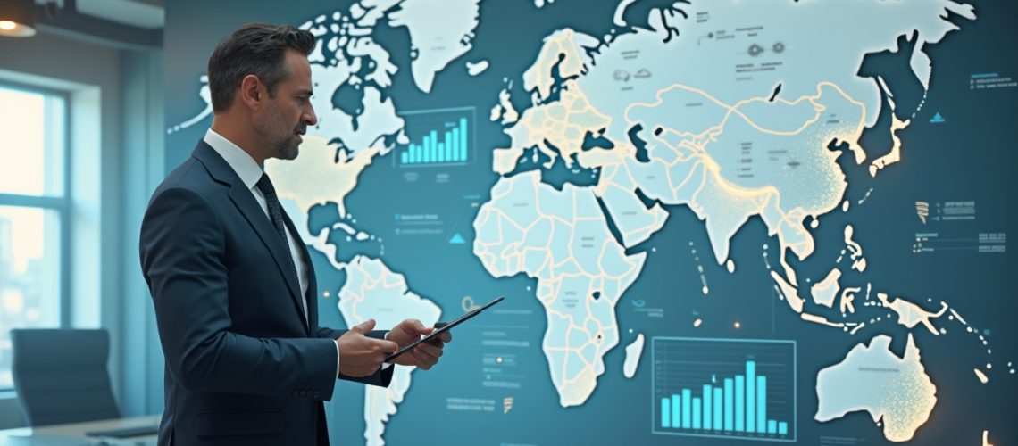 Man in suit viewing world map with data graphics, using a tablet in an office setting.