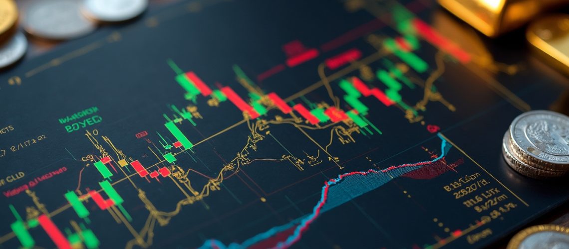 Financial chart with candlestick patterns, coins, and gold bars in the background.