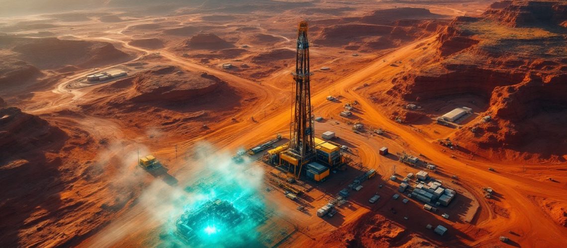 Critica Ltd-CRI-Desert landscape with a tall drilling rig and glowing blue excavation site surrounded by red terrain.