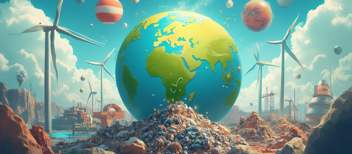 Globe on trash pile, surrounded by wind turbines and floating planets, in a surreal landscape.