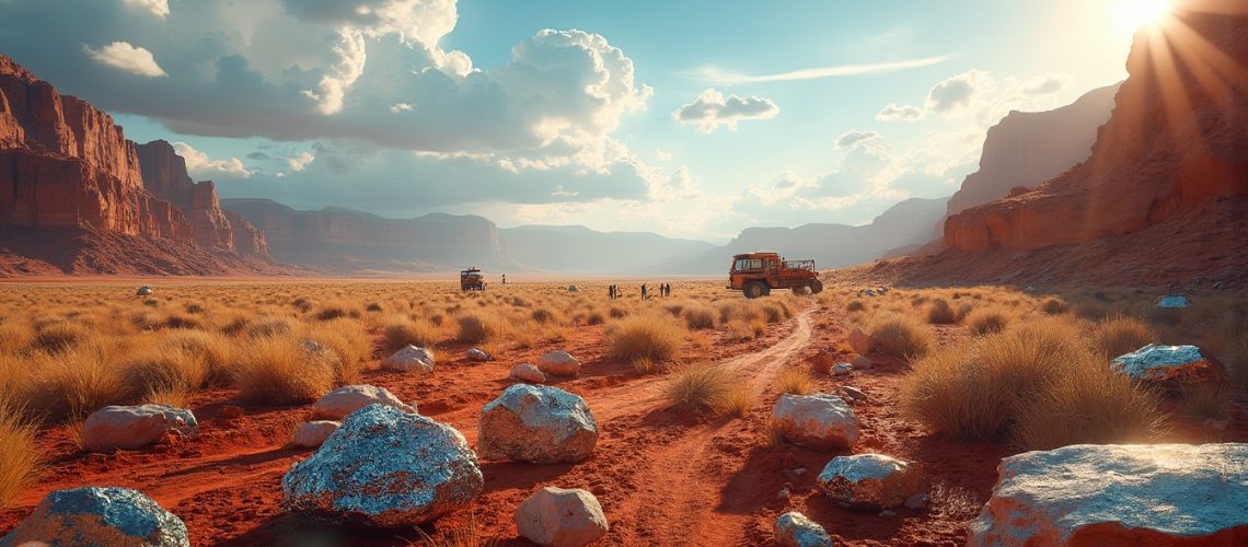 Desert landscape with mineral exploration vehicles.