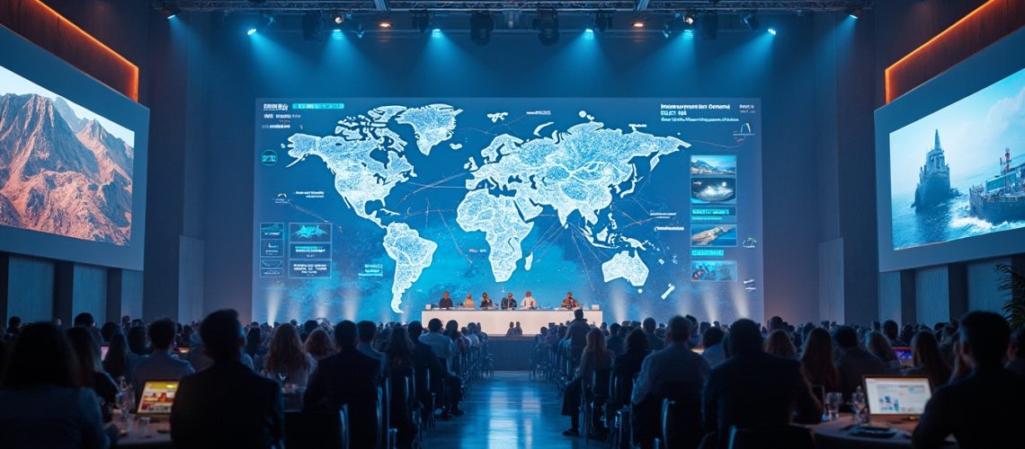 Conference with a large world map display, people seated, viewing presentations on side screens.