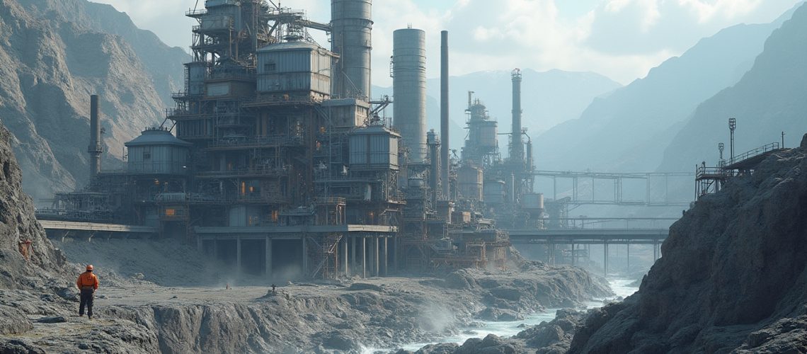 Industrial complex by a rocky river, surrounded by mountains under a cloudy sky.