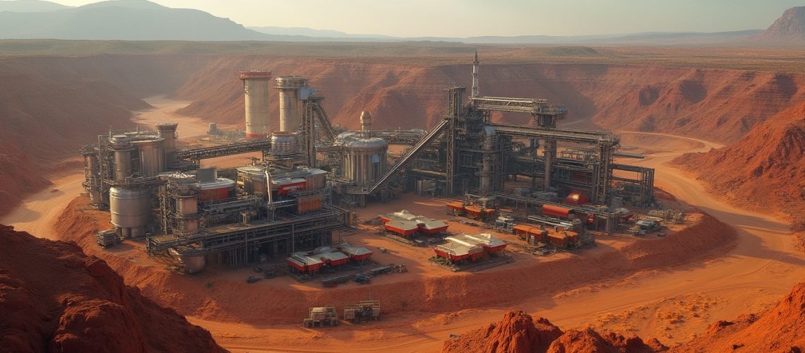 Factory nestled in a red rocky desert landscape with distant mountains under a bright sky.