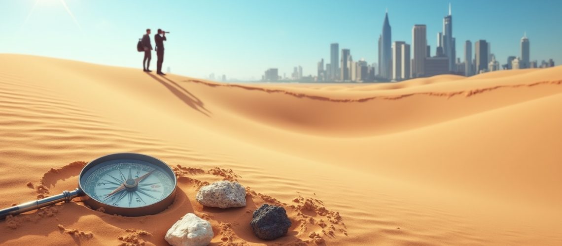 Compass and rocks in sandy desert with city skyline in the distance. Two people stand on a dune.