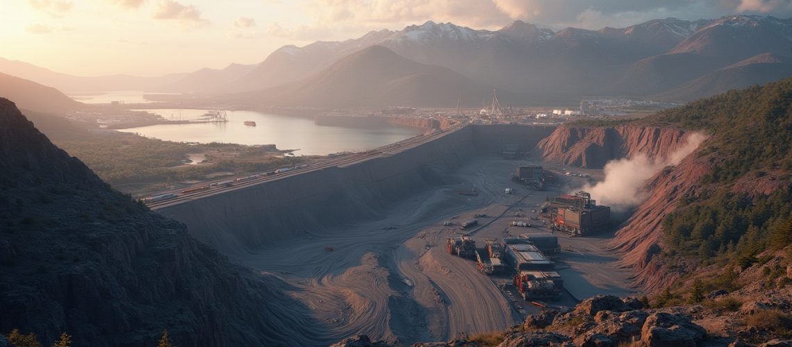 Sunset over a sprawling industrial complex, with mountains and a river in the background.