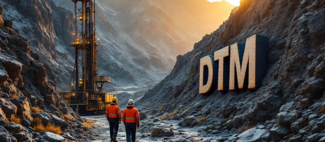 Dart Mining NL-DTM-Two workers walk toward a lit drilling rig in a rocky valley with "DTM" on the cliffside at sunset.