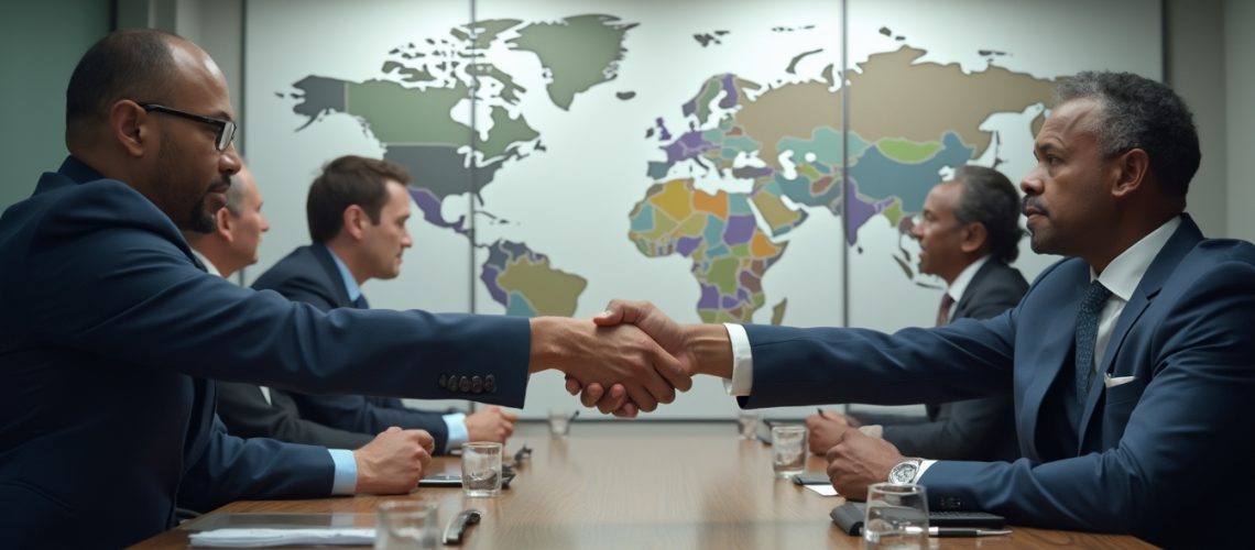 Business meeting handshake with world map background.