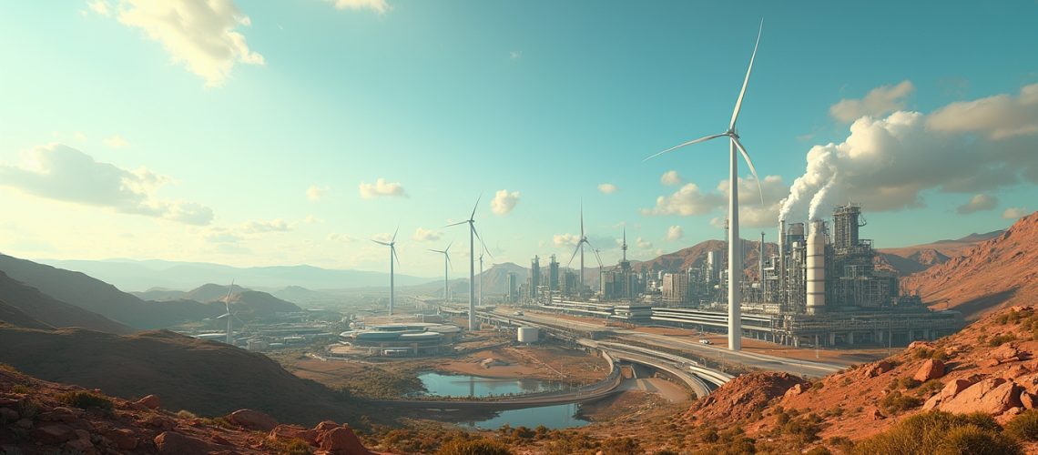 Futuristic industrial cityscape with wind turbines and red rocky desert under a clear blue sky.