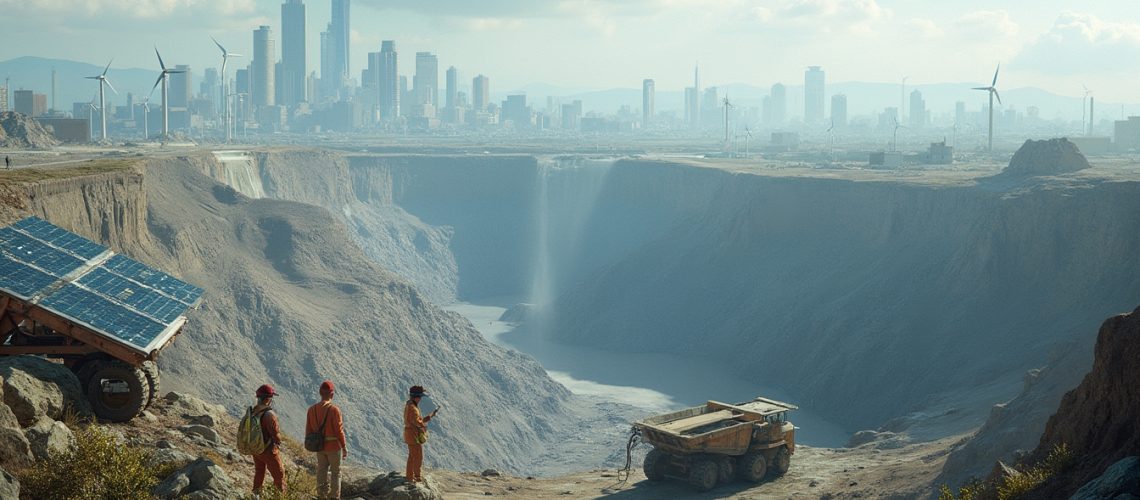 Workers at a quarry overlook a cityscape with wind turbines and solar panels under a cloudy sky.