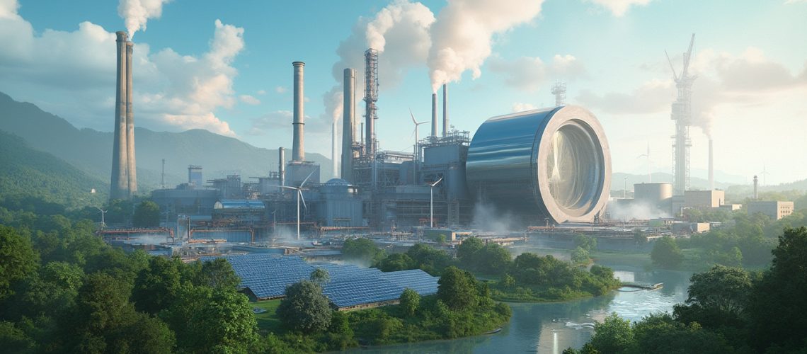 Futuristic power plant with giant turbine, solar panels, and wind turbines in a lush green landscape.