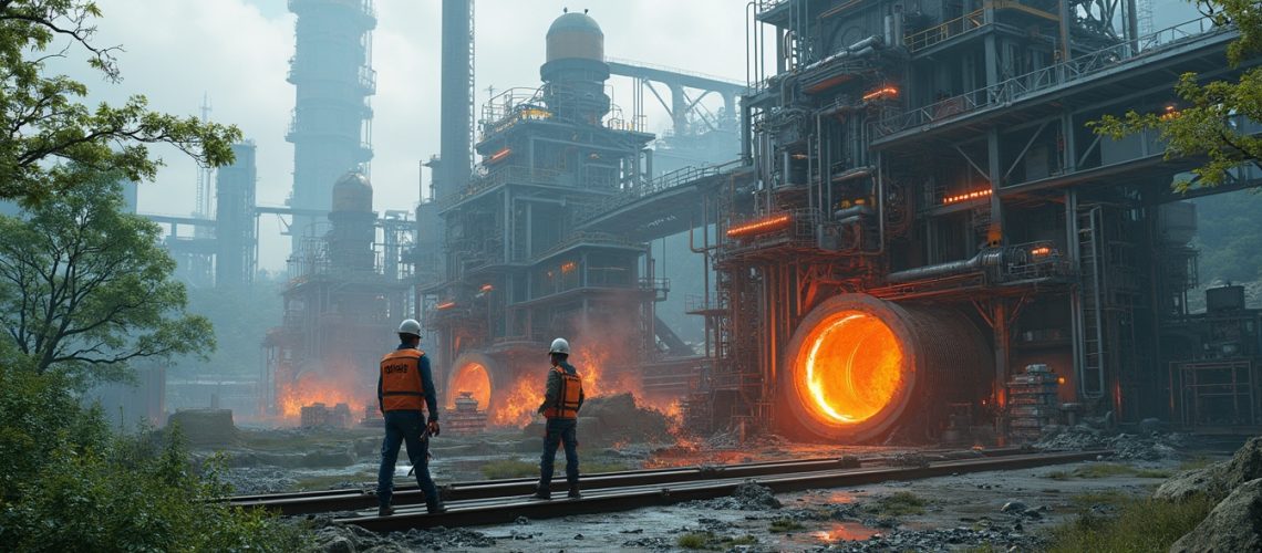 Industrial scene with two workers in safety gear near glowing machinery and lush green surroundings.