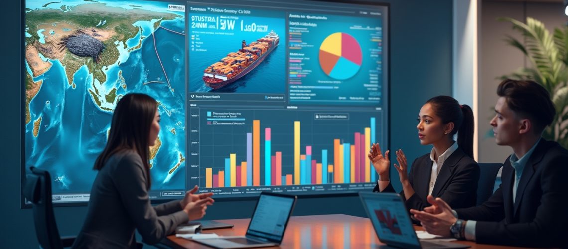 Three people in a meeting room discussing global logistics with data charts on a large screen.