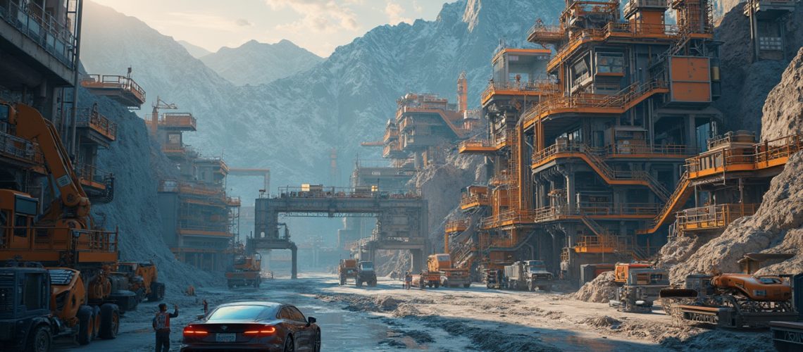 Car parked at a bustling mining site with complex machinery and mountainous backdrop.