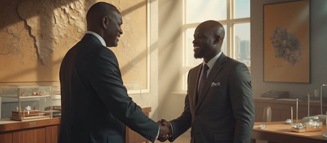 Two men in suits shake hands in a sunlit office.