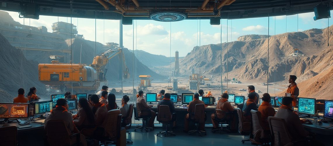 People at control room observing a mining site through large panoramic windows.