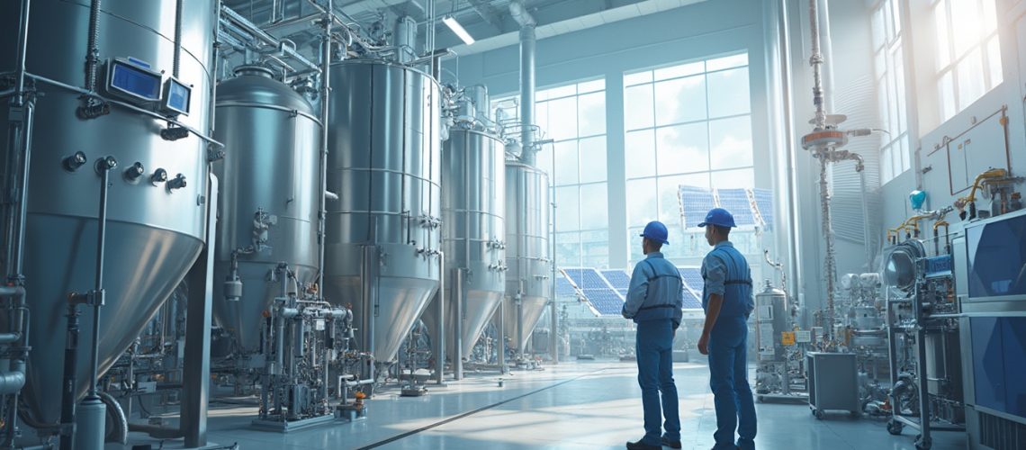 Two workers in blue uniforms and helmets inspect large industrial tanks in a bright factory.