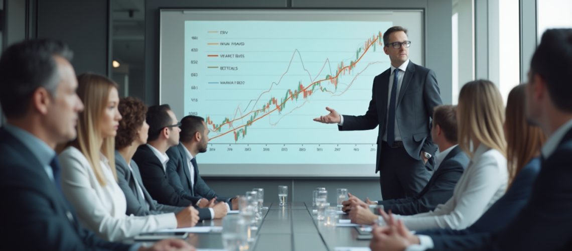 Business meeting with presentation of a line graph on a screen, people sitting at a long table.