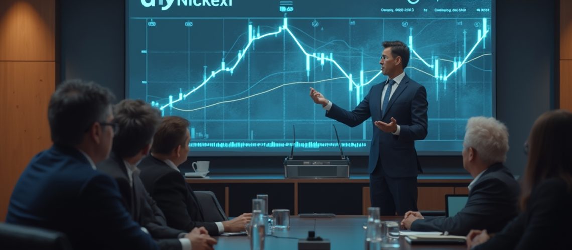 Businessman presents stock charts to a boardroom meeting.