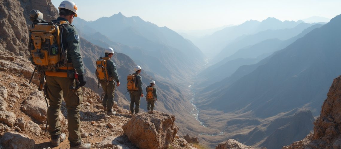 Hikers with backpacks and helmets traverse a rocky mountain ridge overlooking a vast valley below.