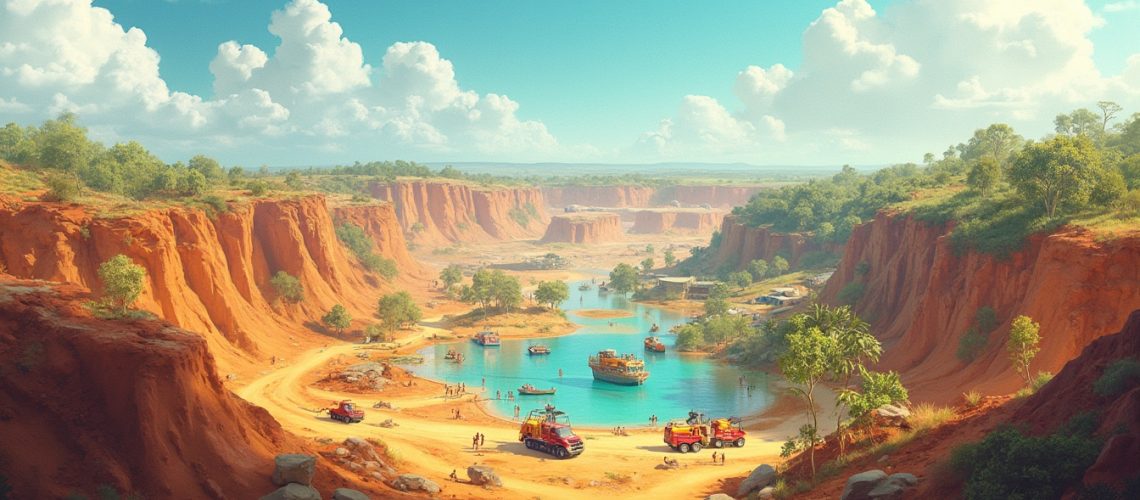 Scenic canyon with turquoise lake, red cliffs, and colorful vehicles.